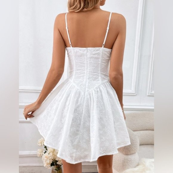 White Floral Eyelet Embroidery Cami Dress - Picture 3 of 9